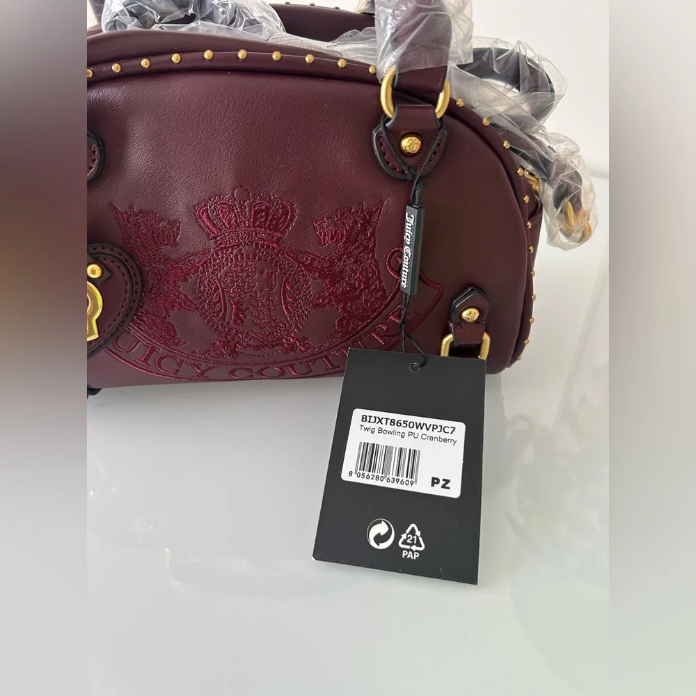 Juicy Couture UK burgundy leather Scottie Dog crest Bowler Bag Wallet Set